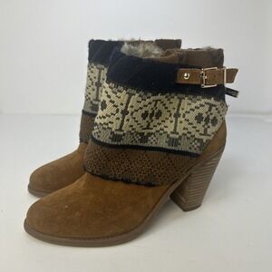 Jessica Simpson Cassley Ankle Booties 8.5M Brown Suede Boho Knit Cuff Fur Lined